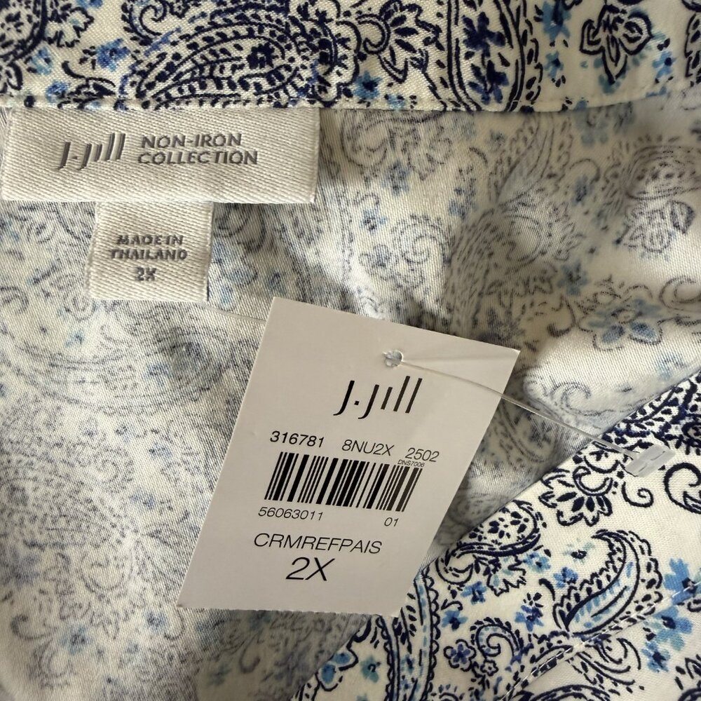 J Jill Non Iron Collection Tunic Top Blouse Shirt Paisley Blue Cream 2X NWT - Picture 8 of 10